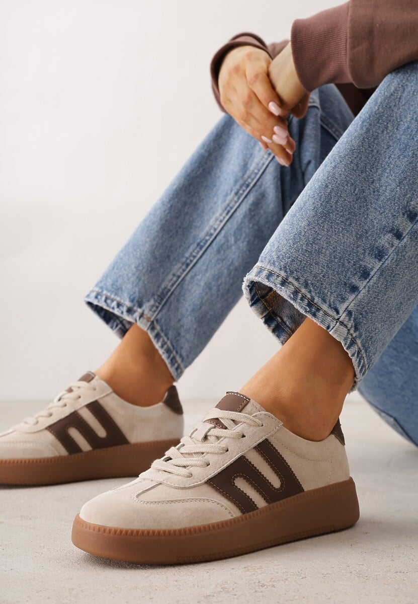 Beżowe Sneakersy Skórzane w Stylu Tenisówek z Geometrycznym Wzorem Eshiryla 2