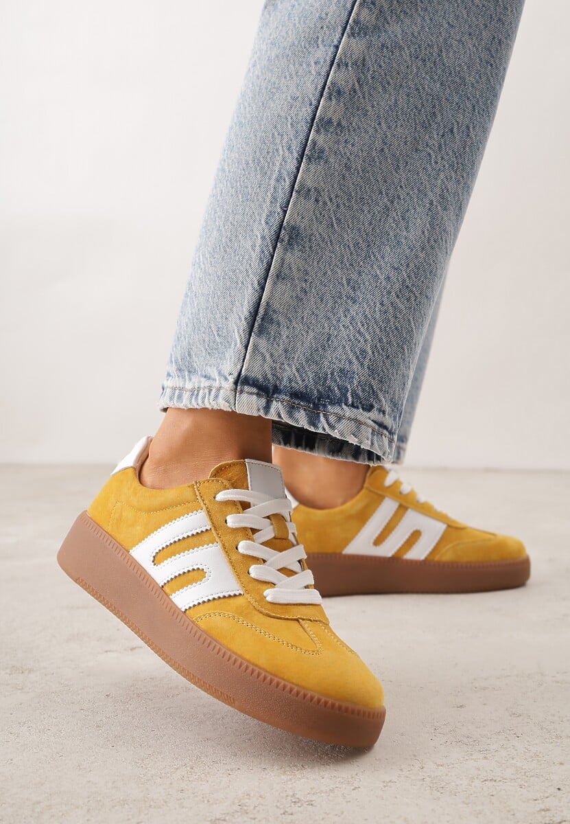 Żółte Sneakersy Skórzane w Stylu Tenisówek z Geometrycznym Wzorem Eshiryla 2