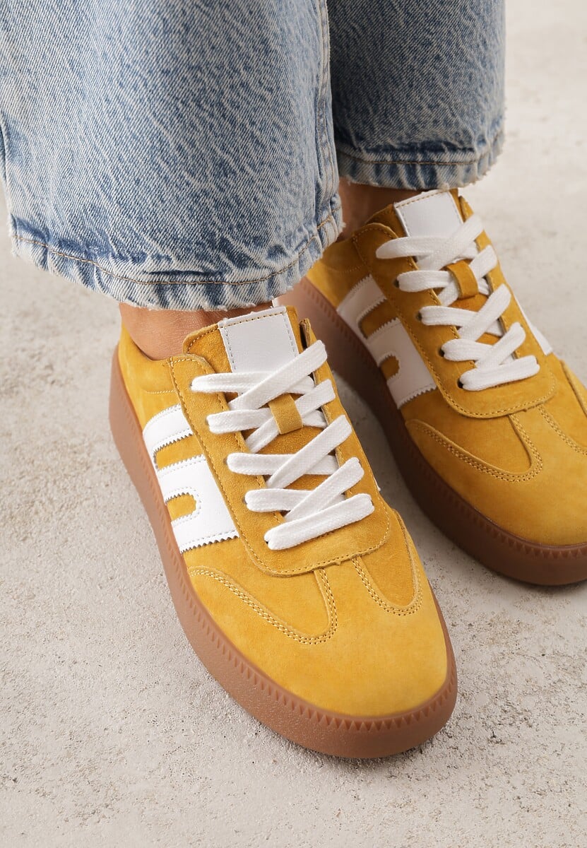 Żółte Sneakersy Skórzane w Stylu Tenisówek z Geometrycznym Wzorem Eshiryla 3