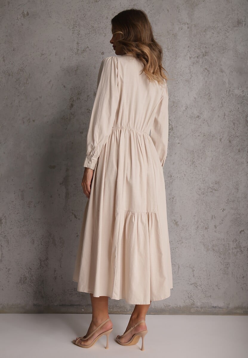 Beżowa Rozkloszowana Sukienka Koszulowa z Bawełny i Wiskozy Zdobiona Klapami Gleta 3