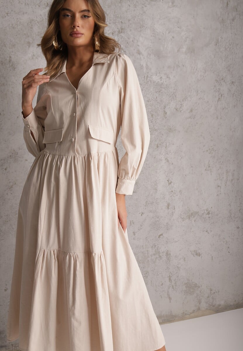 Beżowa Rozkloszowana Sukienka Koszulowa z Bawełny i Wiskozy Zdobiona Klapami Gleta 1