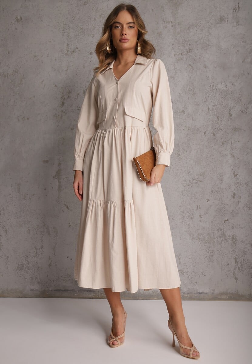 Beżowa Rozkloszowana Sukienka Koszulowa z Bawełny i Wiskozy Zdobiona Klapami Gleta 2