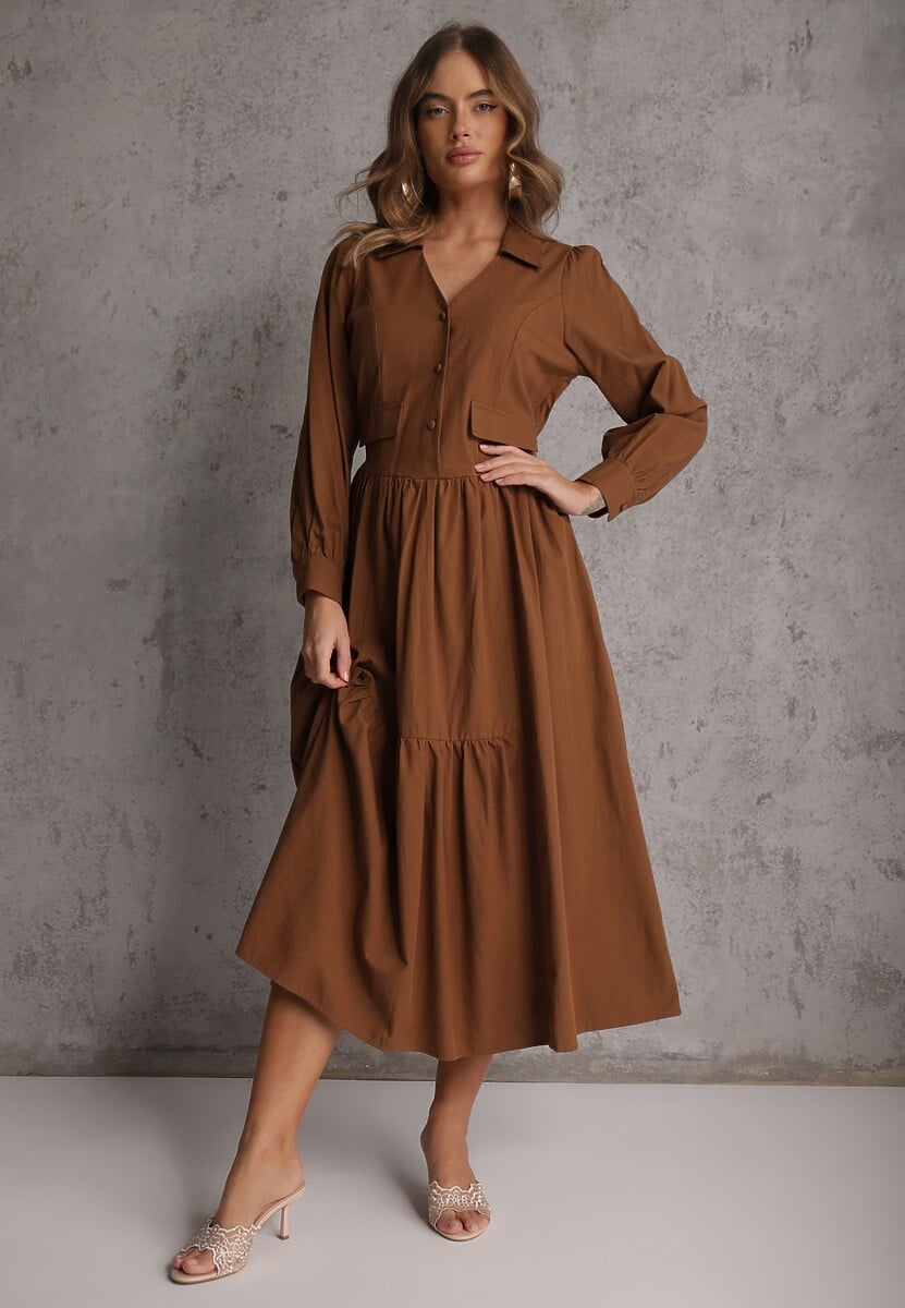 Brązowa Rozkloszowana Sukienka Koszulowa z Bawełny i Wiskozy Zdobiona Klapami Gleta 1