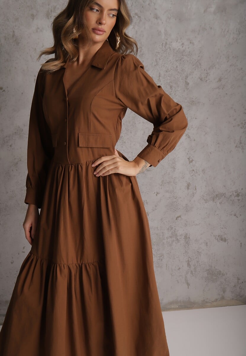 Brązowa Rozkloszowana Sukienka Koszulowa z Bawełny i Wiskozy Zdobiona Klapami Gleta 2