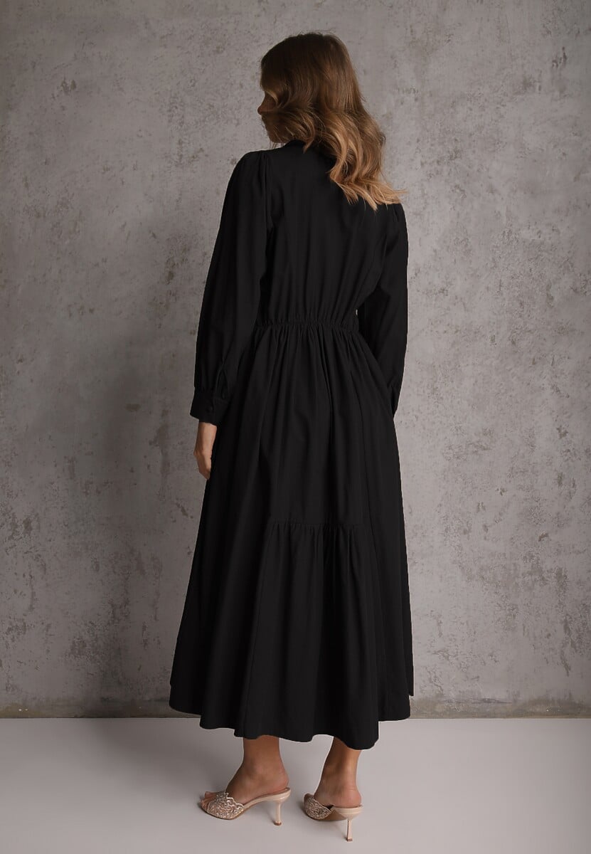 Czarna Rozkloszowana Sukienka Koszulowa z Bawełny i Wiskozy Zdobiona Klapami Gleta 3