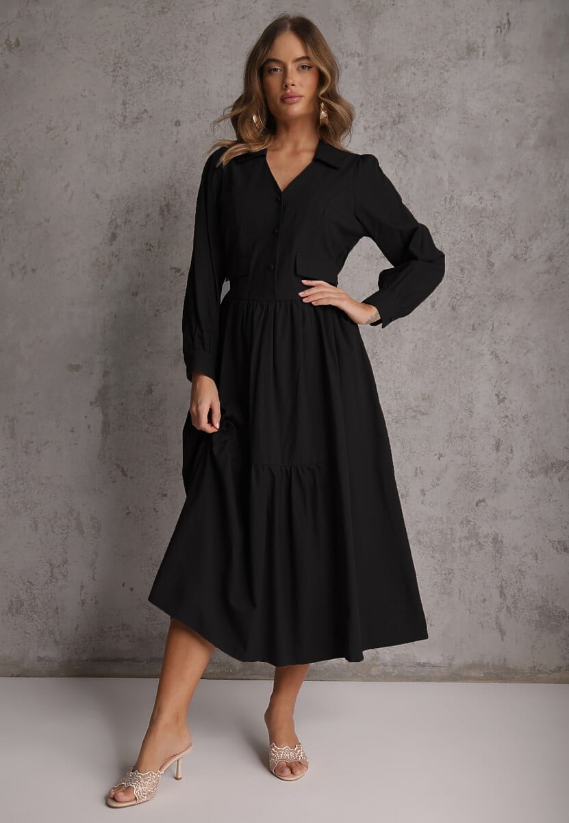 Czarna Rozkloszowana Sukienka Koszulowa z Bawełny i Wiskozy Zdobiona Klapami Gleta 1