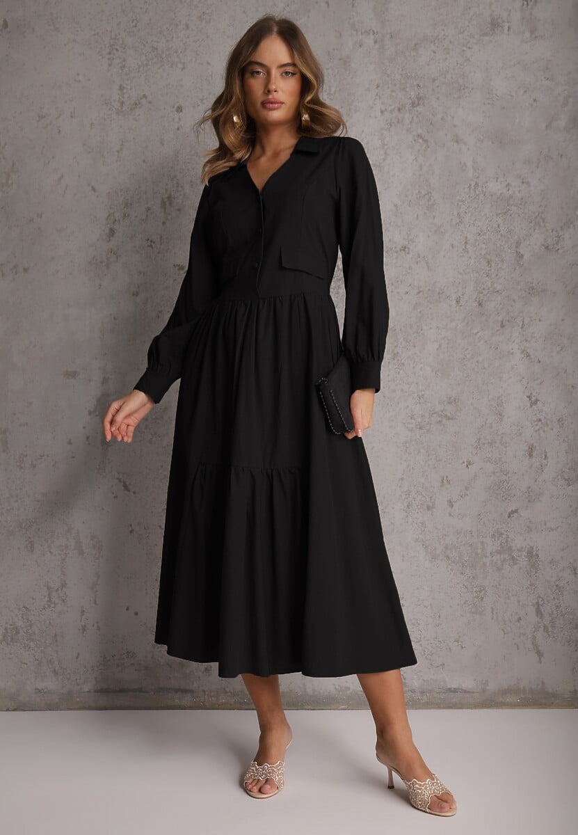 Czarna Rozkloszowana Sukienka Koszulowa z Bawełny i Wiskozy Zdobiona Klapami Gleta 2