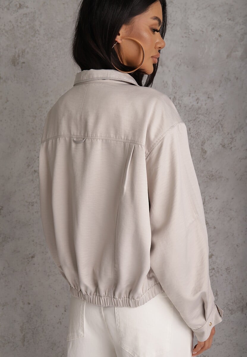 Beżowa Kurtka Bomberka Oversize z Paskami przy Rękawach Lann 1