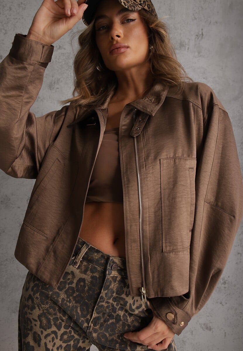 Brązowa Kurtka Bomberka Oversize z Paskami przy Rękawach Lann 1