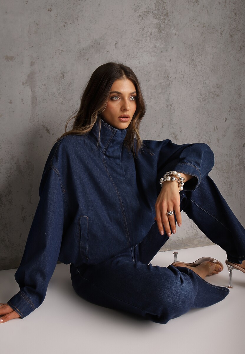 Niebieska Przejściowa Kurtka Jeansowa Balloon z Bawełny z Kołnierzykiem Abijena 1