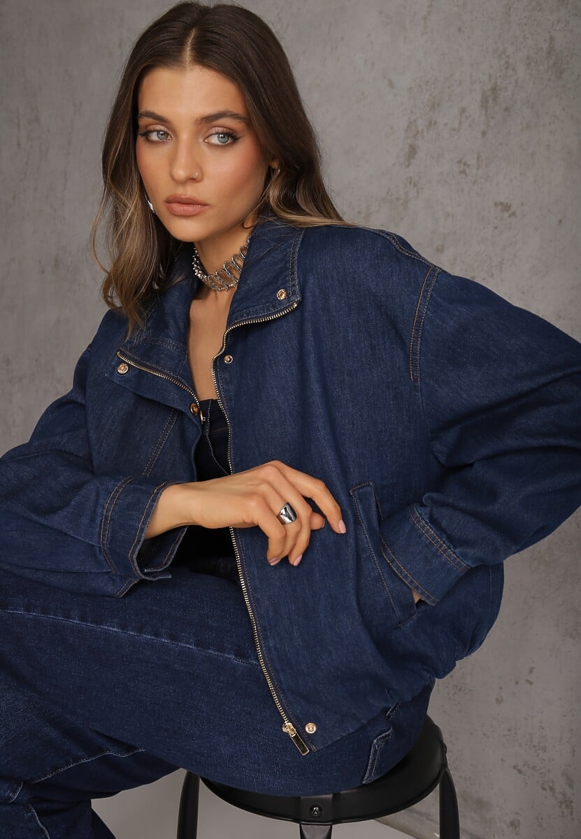 Niebieska Przejściowa Kurtka Jeansowa Balloon z Bawełny z Kołnierzykiem Abijena 2