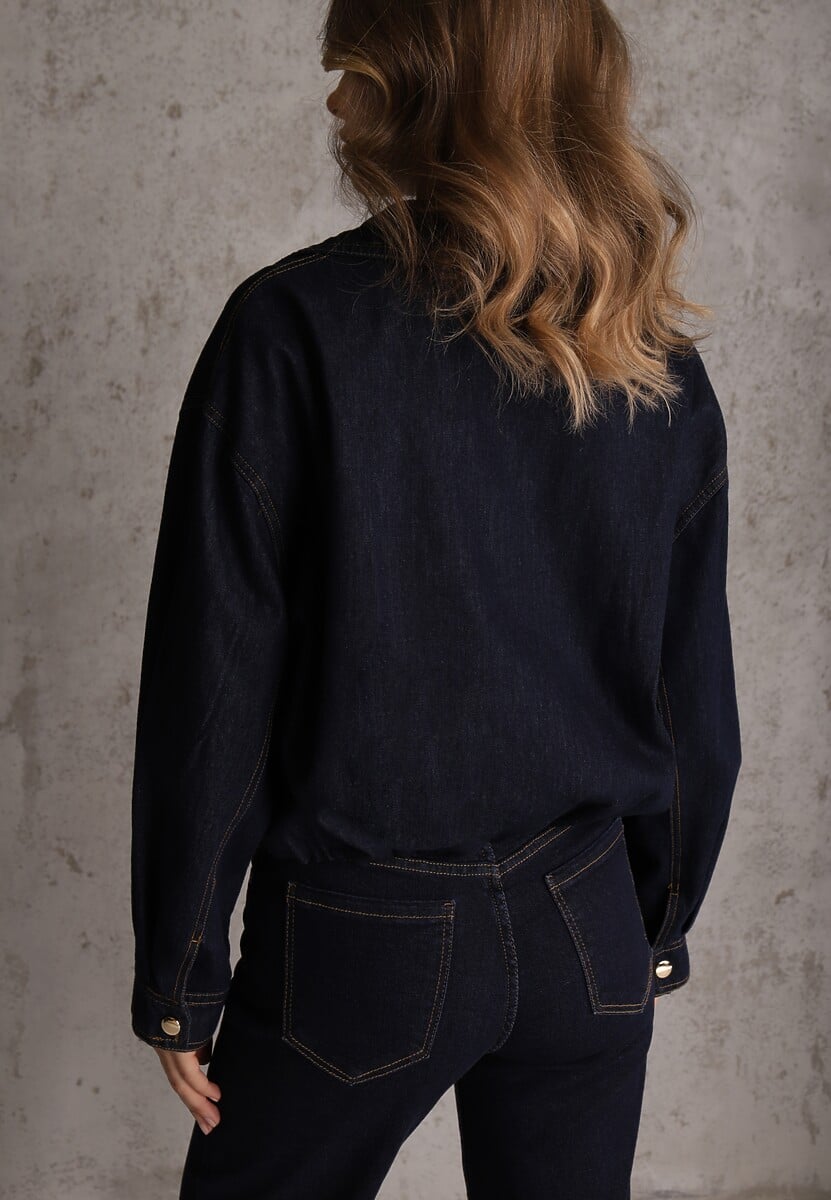 Granatowa Przejściowa Kurtka Jeansowa Balloon z Bawełny z Kołnierzykiem Abijena 3