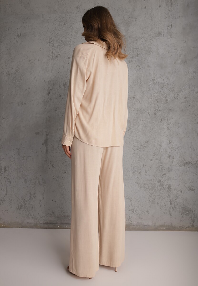 Beżowy Komplet z Wiskozy Spodnie Szerokie i Koszula z Ozdobnym Materiałem Airial 3