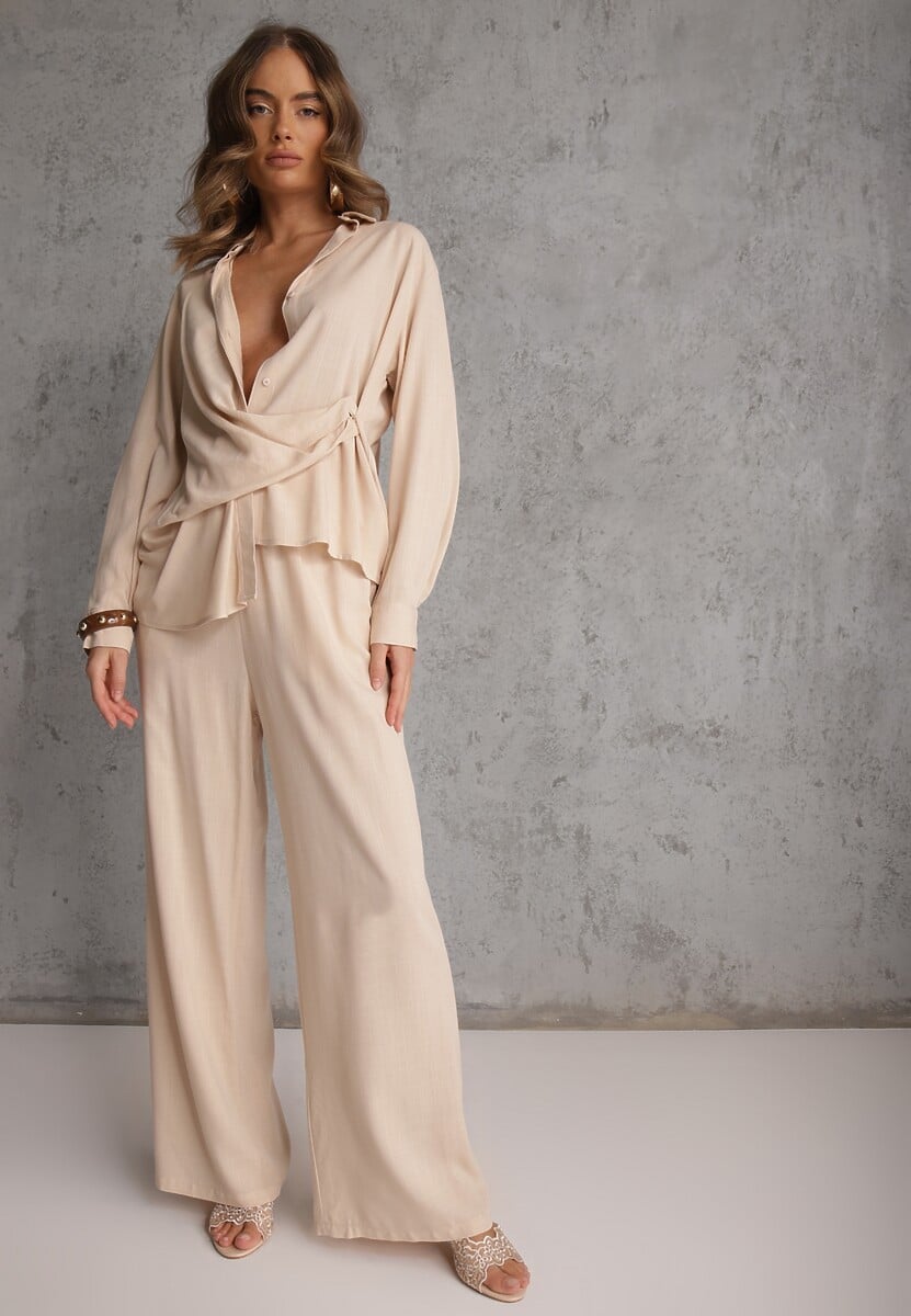 Beżowy Komplet z Wiskozy Spodnie Szerokie i Koszula z Ozdobnym Materiałem Airial 2