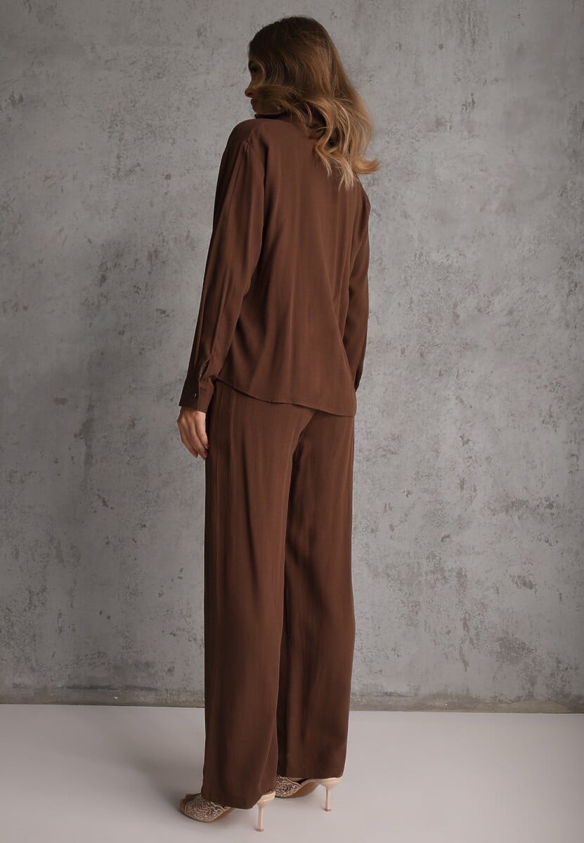 Brązowy Komplet z Wiskozy Spodnie Szerokie i Koszula z Ozdobnym Materiałem Airial 3
