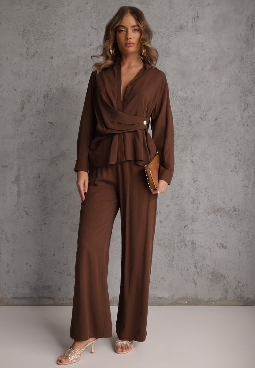 Brązowy Komplet z Wiskozy Spodnie Szerokie i Koszula z Ozdobnym Materiałem Airial 1