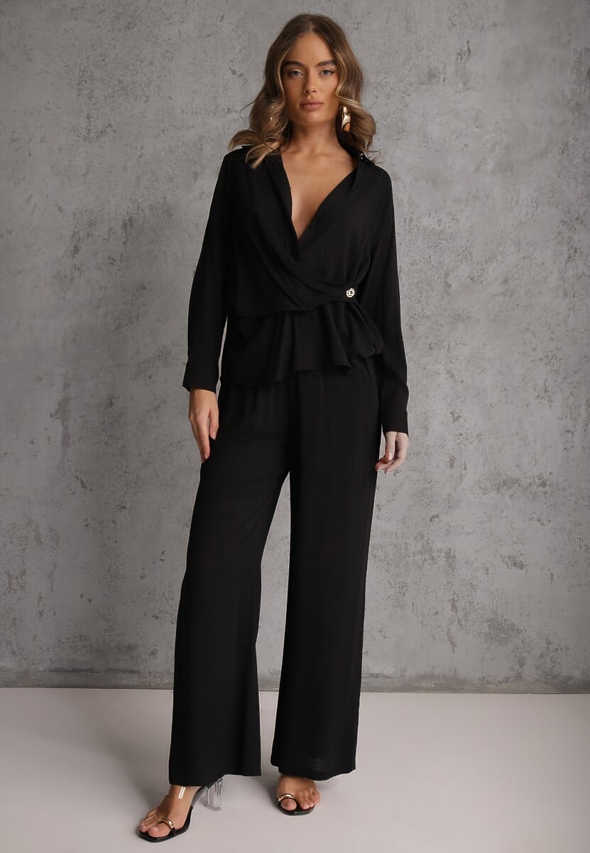 Czarny Komplet z Wiskozy Spodnie Szerokie i Koszula z Ozdobnym Materiałem Airial 1