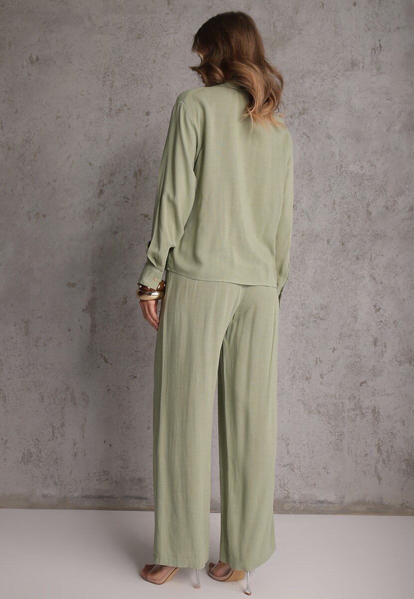 Zielony Komplet z Wiskozy Spodnie Szerokie i Koszula z Ozdobnym Materiałem Airial 3