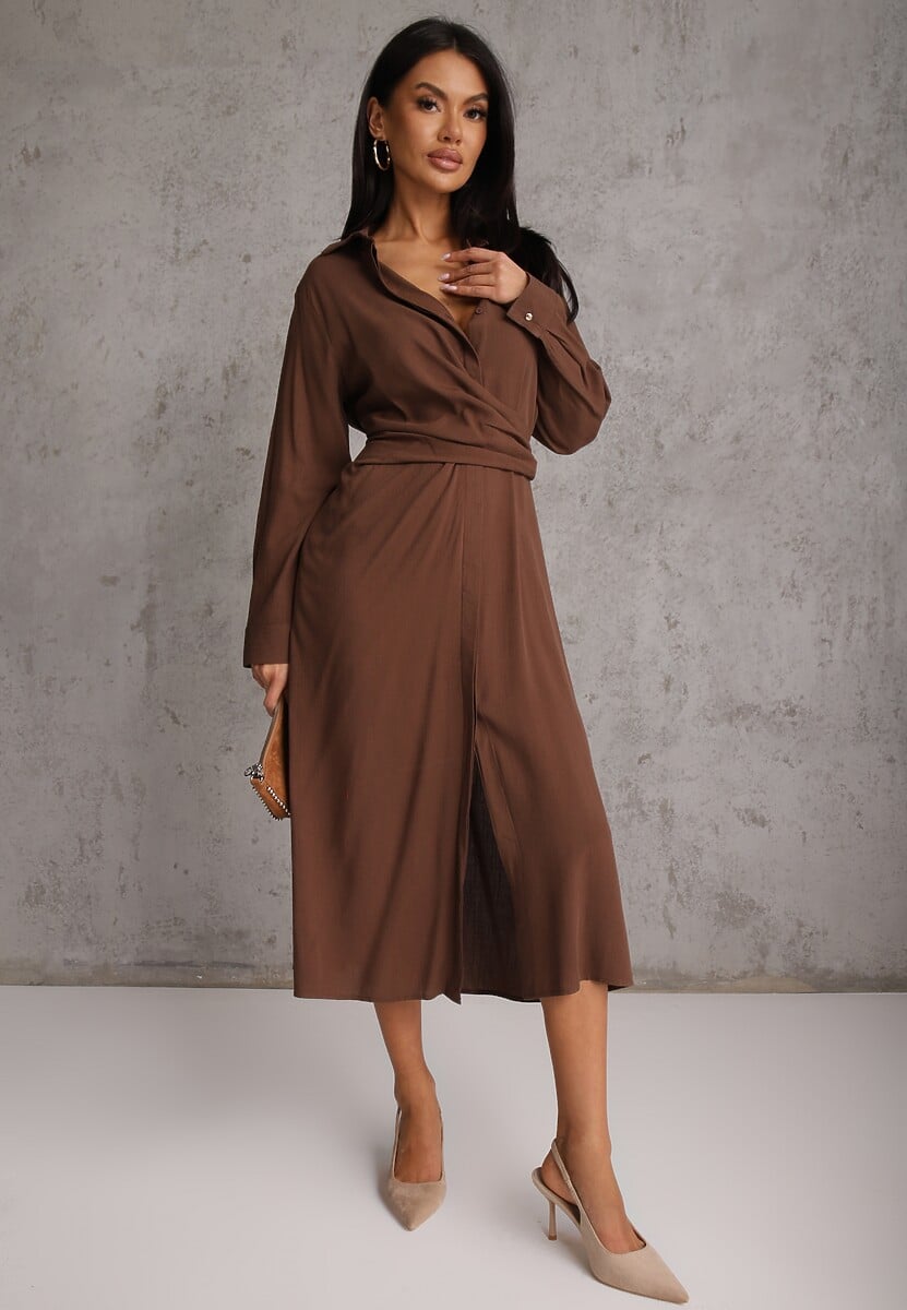 Brązowa Koszulowa Sukienka z Wiskozy z Asymetrycznym Drapowaniem i Guzikiem Hetasa 2