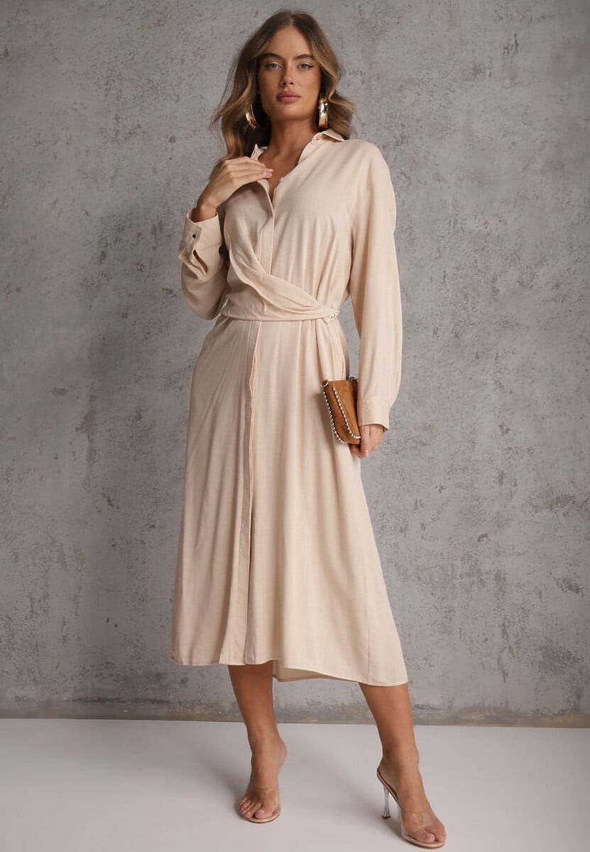 Beżowa Koszulowa Sukienka z Wiskozy z Asymetrycznym Drapowaniem i Guzikiem Hetasa 1