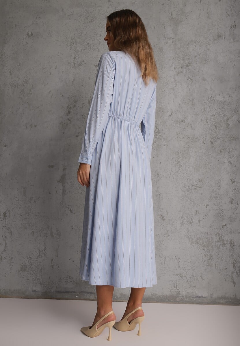 Niebieska Wiskozowa Sukienka o Koszulowym Kroju z Marszczoną Talią Abilera 3