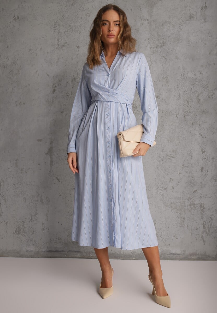 Niebieska Wiskozowa Sukienka o Koszulowym Kroju z Marszczoną Talią Abilera 2