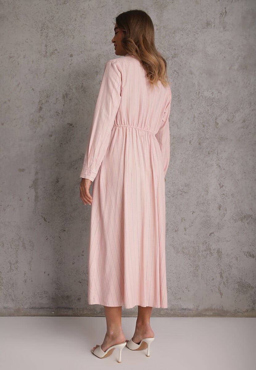 Różowa Wiskozowa Sukienka o Koszulowym Kroju z Marszczoną Talią Abilera 3