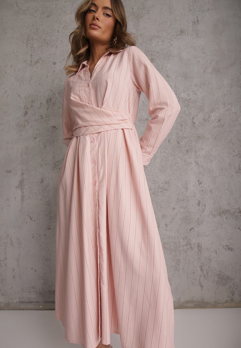 Różowa Wiskozowa Sukienka o Koszulowym Kroju z Marszczoną Talią Abilera 1