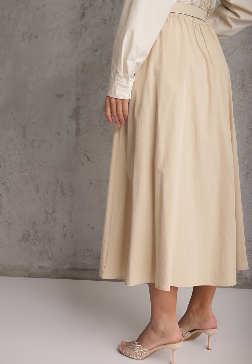 Beżowa Rozkloszowana Spódnica z Kieszonkami i Paskiem z Klamrą Qualea 3