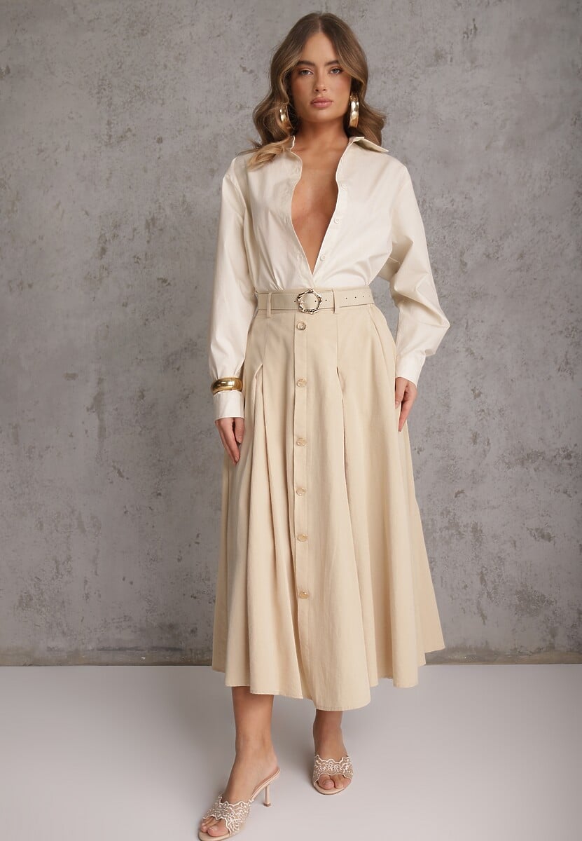 Beżowa Rozkloszowana Spódnica z Kieszonkami i Paskiem z Klamrą Qualea 1