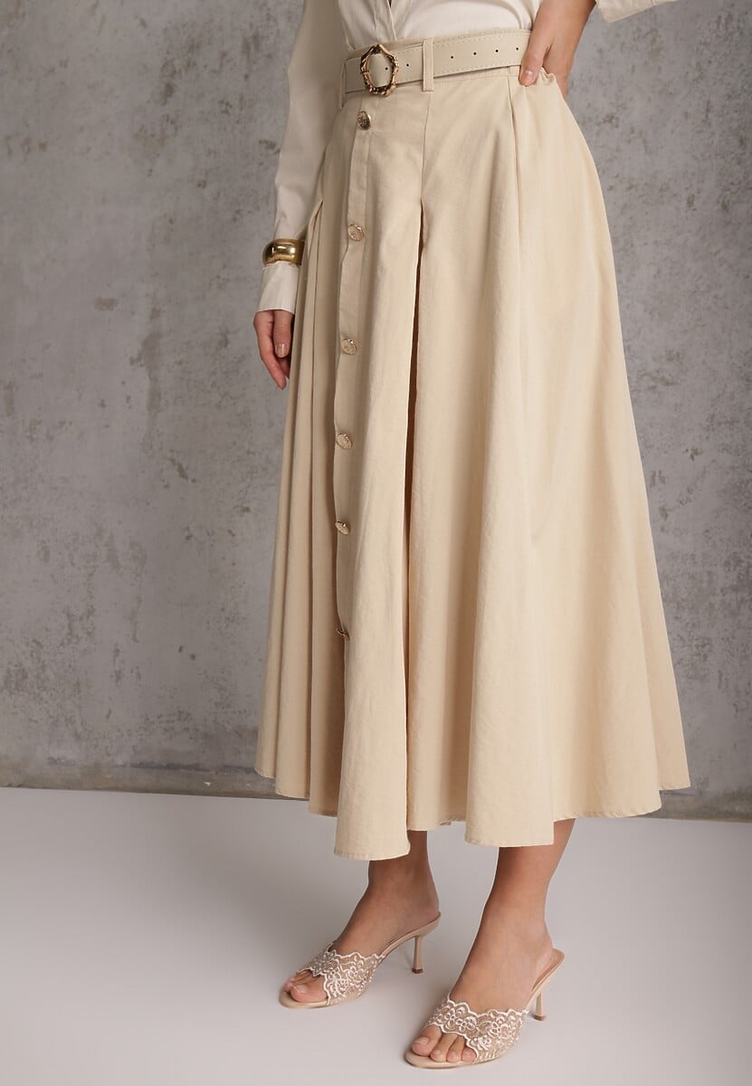 Beżowa Rozkloszowana Spódnica z Kieszonkami i Paskiem z Klamrą Qualea 2