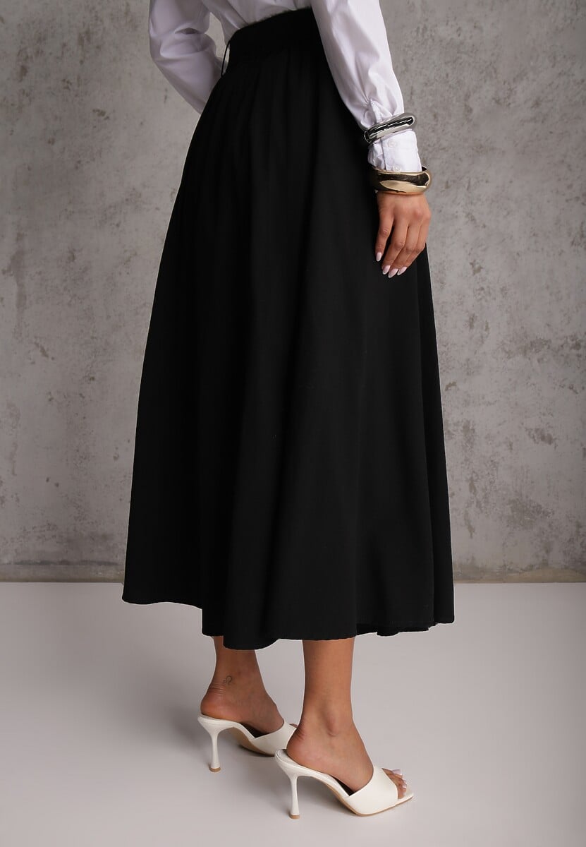 Czarna Rozkloszowana Spódnica z Kieszonkami i Paskiem z Klamrą Qualea 3