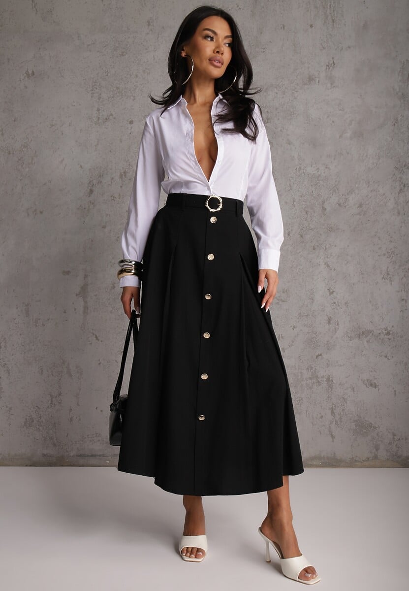 Czarna Rozkloszowana Spódnica z Kieszonkami i Paskiem z Klamrą Qualea 1