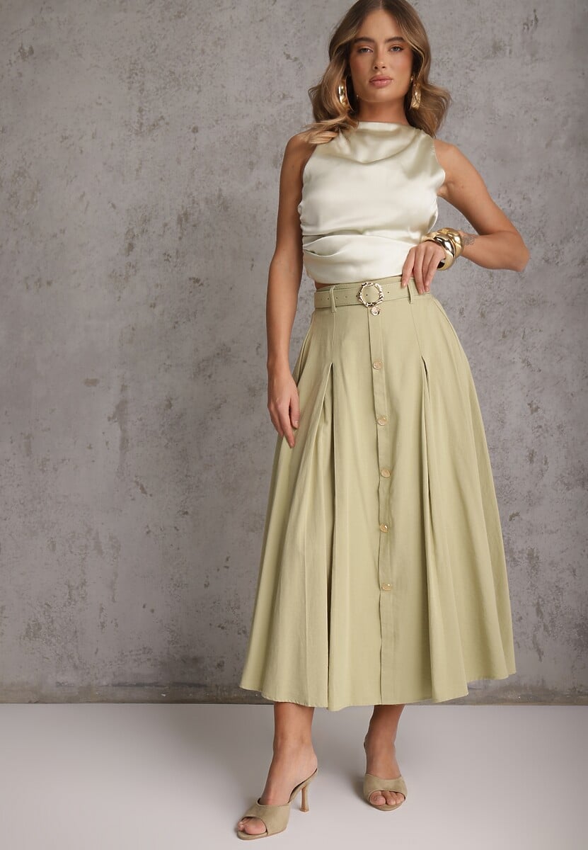 Zielona Rozkloszowana Spódnica z Kieszonkami i Paskiem z Klamrą Qualea 1