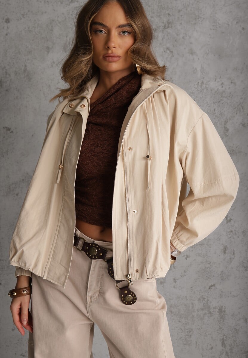 Beżowa Oversizowa Kurtka Przejściowa o Kroju Bombki z Bawełny i Wiskozy Birana 1