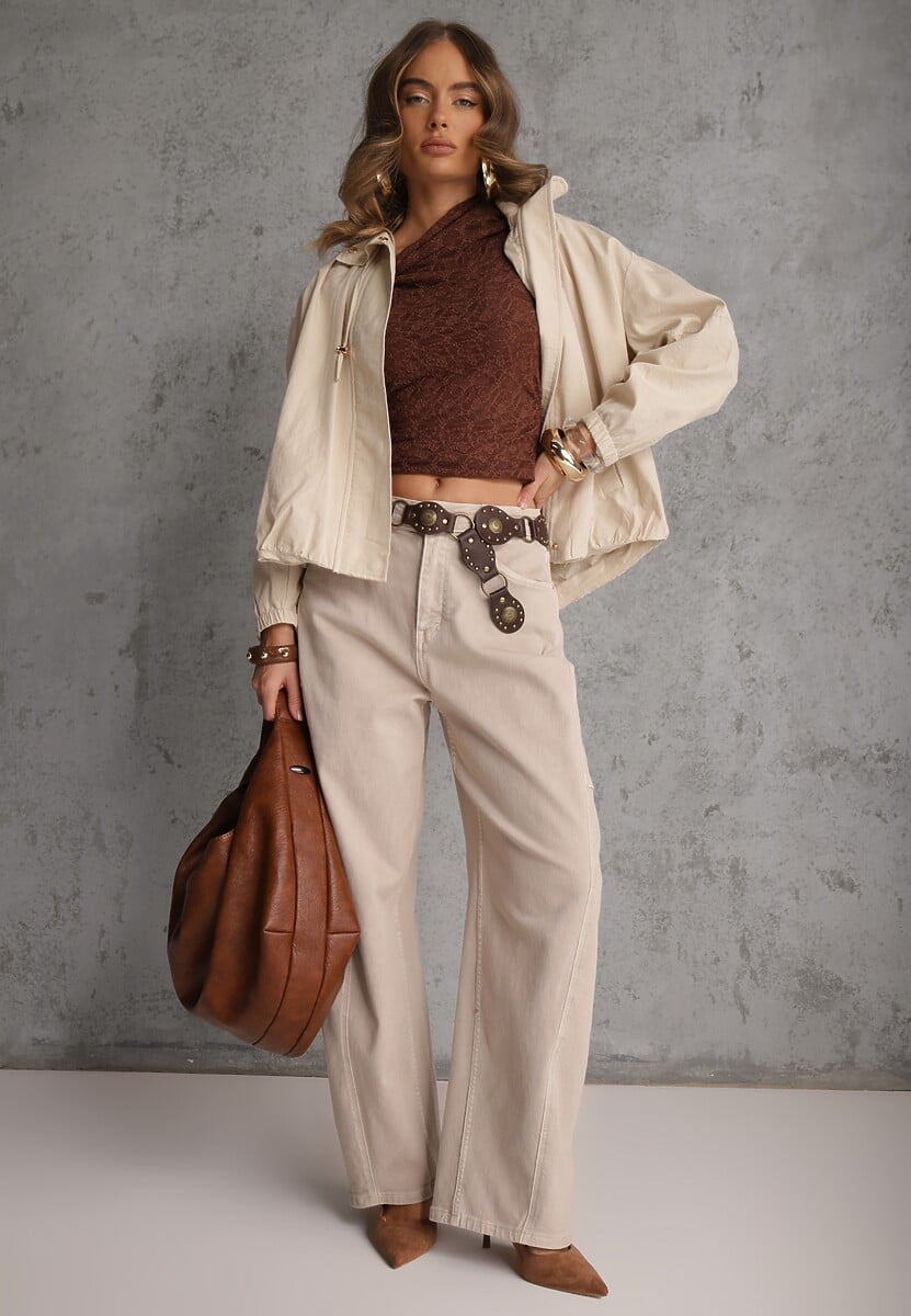 Beżowa Oversizowa Kurtka Przejściowa o Kroju Bombki z Bawełny i Wiskozy Birana 2