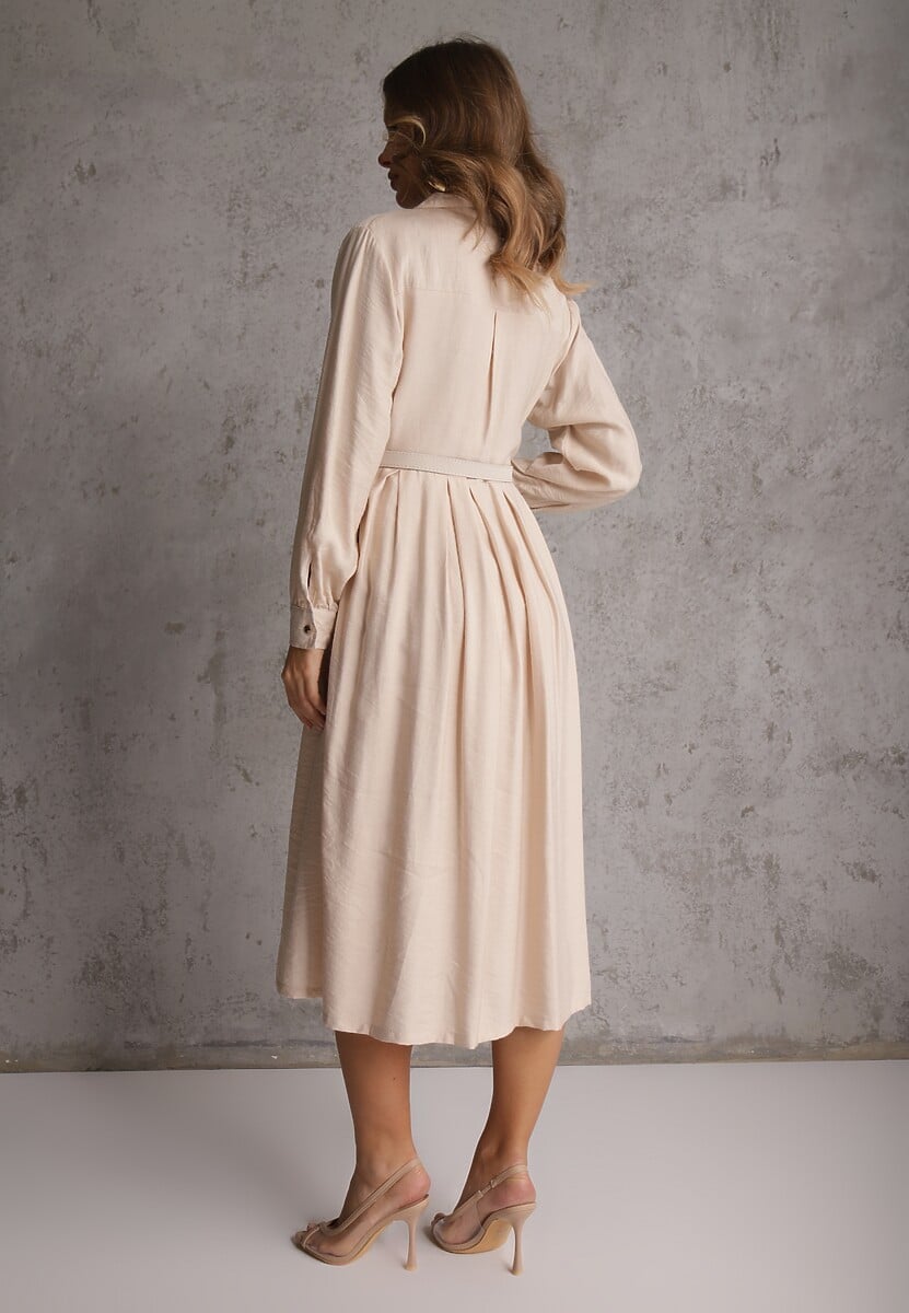 Beżowa Sukienka Rozkloszowana z Wiskozy o Koszulowym Kroju z Paskiem Anteis 3