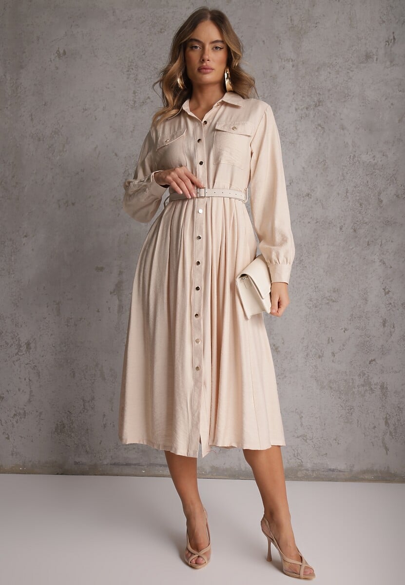 Beżowa Sukienka Rozkloszowana z Wiskozy o Koszulowym Kroju z Paskiem Anteis 1