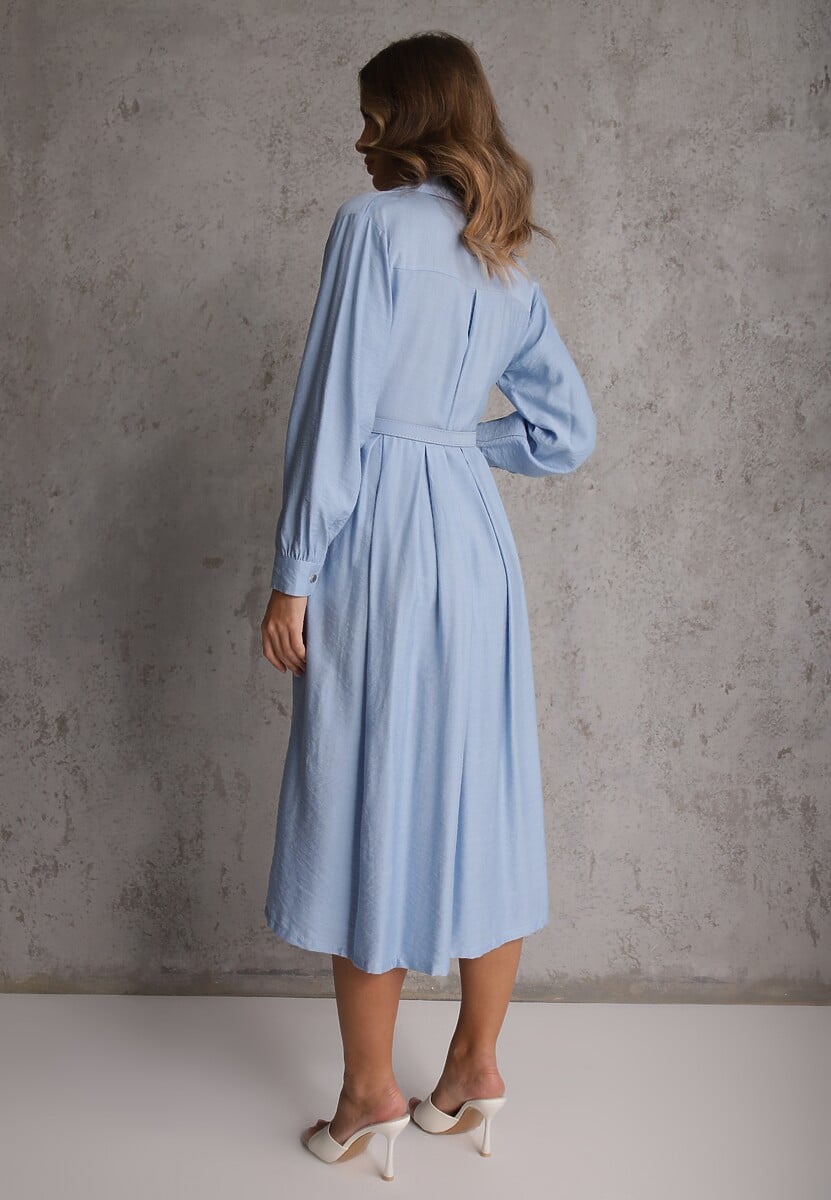 Niebieska Sukienka Rozkloszowana z Wiskozy o Koszulowym Kroju z Paskiem Anteis 3