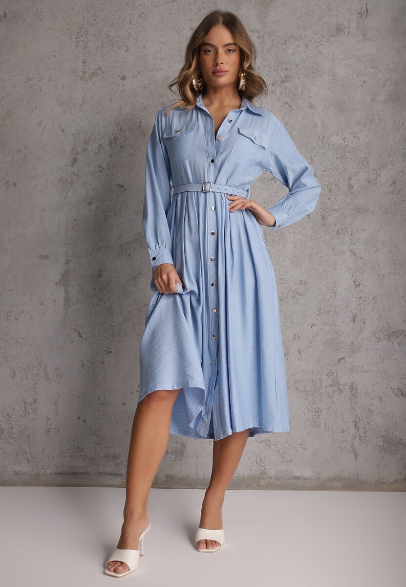 Niebieska Sukienka Rozkloszowana z Wiskozy o Koszulowym Kroju z Paskiem Anteis 1