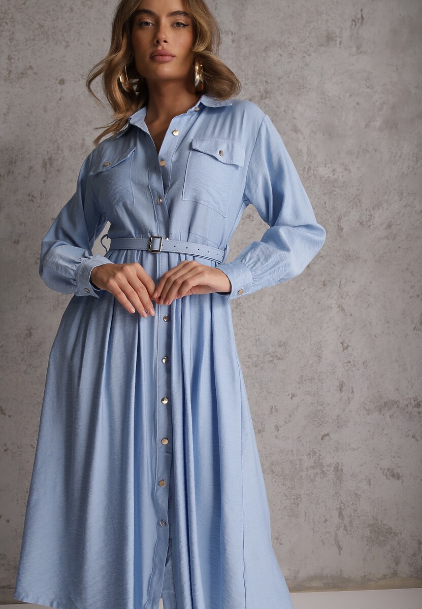 Niebieska Sukienka Rozkloszowana z Wiskozy o Koszulowym Kroju z Paskiem Anteis 2