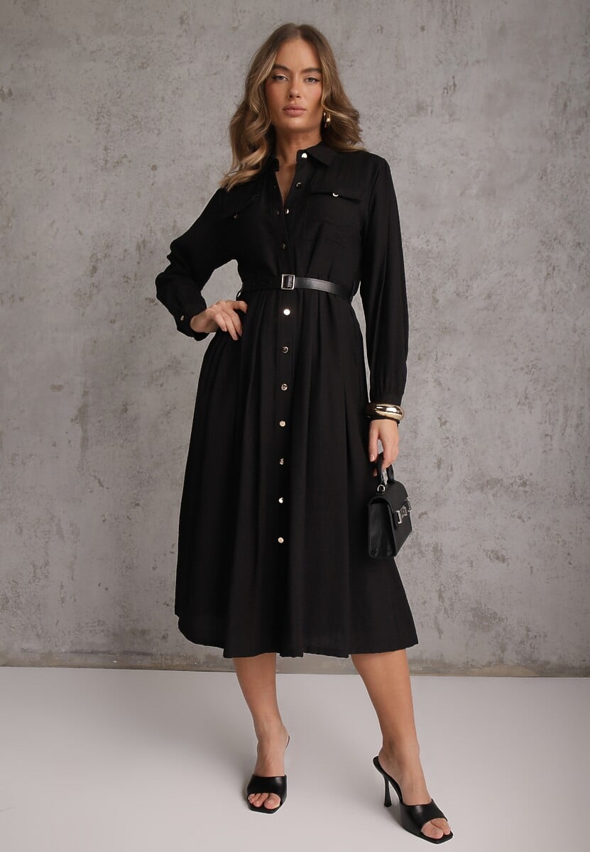 Czarna Sukienka Rozkloszowana z Wiskozy o Koszulowym Kroju z Paskiem Anteis 2