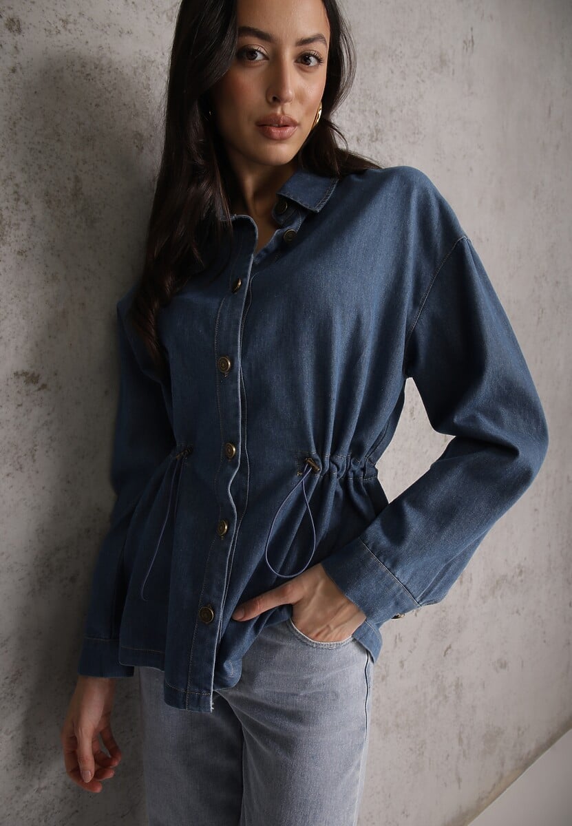 Niebieska Koszula z Bawełny Ściągana w Talii Troczkami Hettia 1