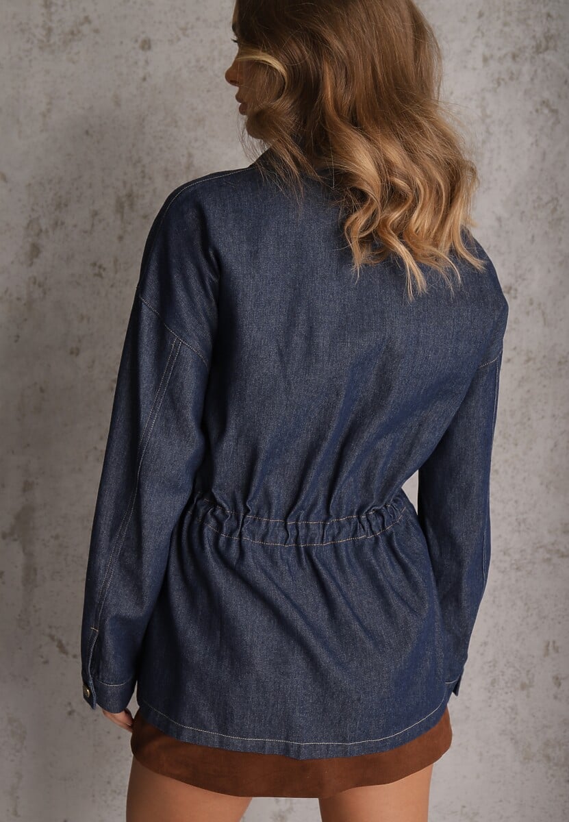 Granatowa Koszula z Bawełny Ściągana w Talii Troczkami Hettia 3