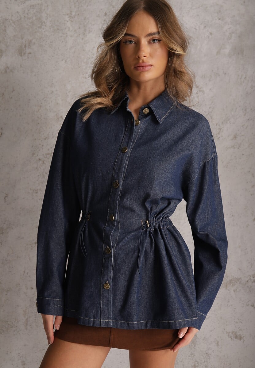 Granatowa Koszula z Bawełny Ściągana w Talii Troczkami Hettia 1