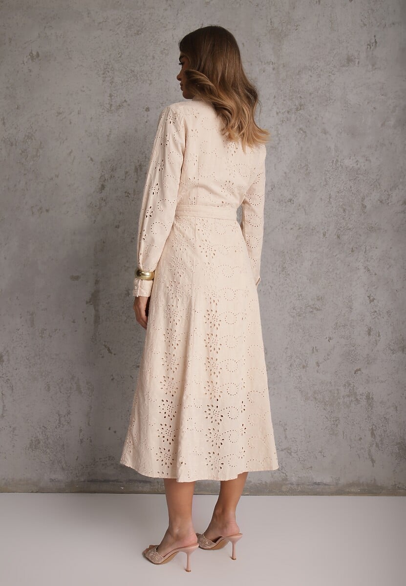 Beżowa Ażurowa Sukienka z Bawełny Ozdobiona Paskiem Novenelle 3
