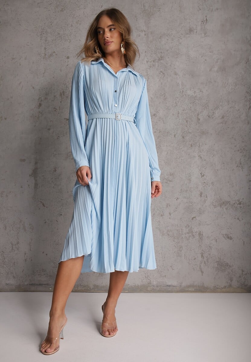 Niebieska Koszulowa Sukienka z Plisowanymi Zdobieniami i Paskiem z Klamrą Efrivelle 2