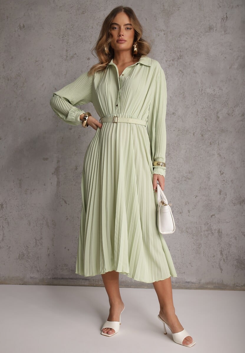 Zielona Koszulowa Sukienka z Plisowanymi Zdobieniami i Paskiem z Klamrą Efrivelle 2