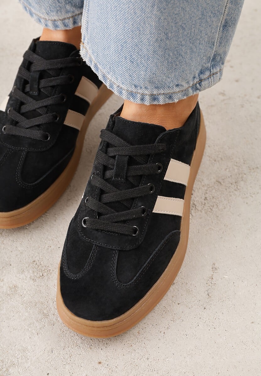 Czarne Sneakersy ze Skóry Naturalnej z Geometrycznym Wzorem Zetisius 3