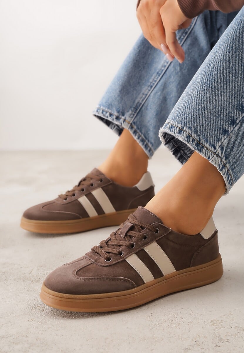 Ciemnobrązowe Sneakersy ze Skóry Naturalnej z Geometrycznym Wzorem Zetisius 1